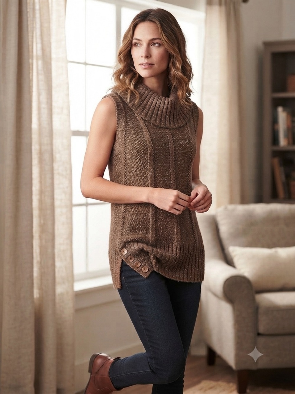 BCBGMaxAzria Sleeveless Cowl-Neck Cable Tunic Wool Blend Sweater in Brown Boho